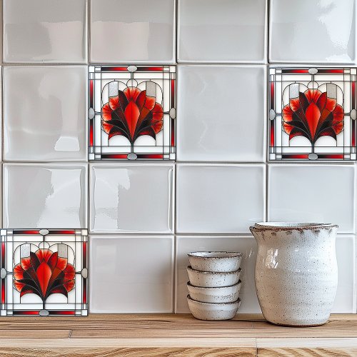 Art Deco Stained Glass Floral Red Black White Ceramic Tile