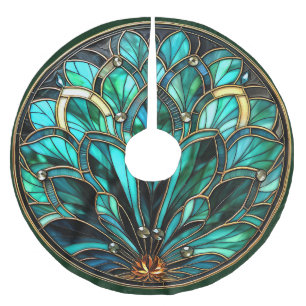 Art Deco Stained Glass Green Turquoise Gold Brushed Polyester Tree Skirt