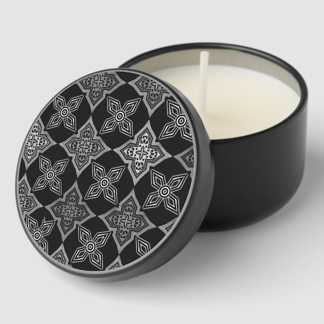 Art Deco Star Flowers Black Gray Aqua Personalized Mini Candle Favors (Corner)