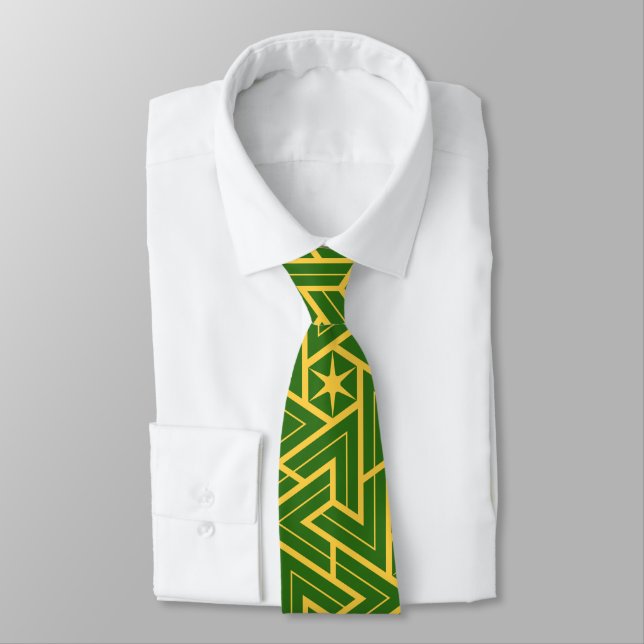 Art Deco Star Triangle Pattern - Green and Gold Neck Tie (Tied)