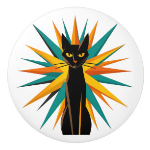 Art Deco Starburst Cat Orange & Teal Ceramic Knob