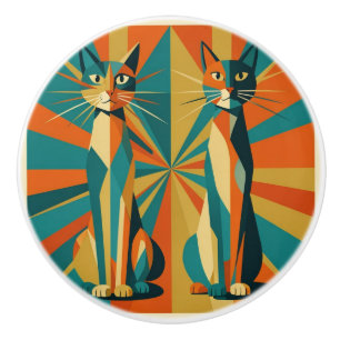 Art Deco Starburst Cats Orange & Teal Ceramic Knob