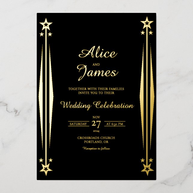 Art Deco Starlight Elegant Black Gold Foil Wedding Invitation (Front)