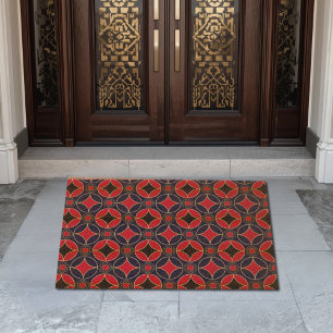 Art Deco Stars and Circles -red & black Fiber Doormat