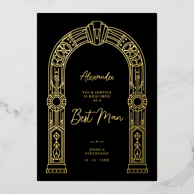 Art Deco Steampunk Best Man Proposal Gold TLW26 Foil Invitation (Front)