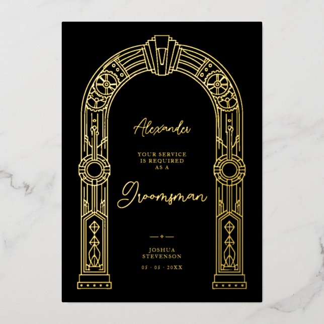 Art Deco Steampunk Groomsman Proposal Gold TLW26 Foil Invitation (Front)