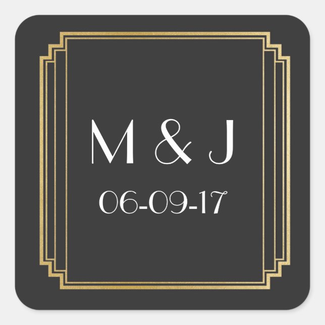 Art Deco Stickers Black Gold Square Favors (Front)