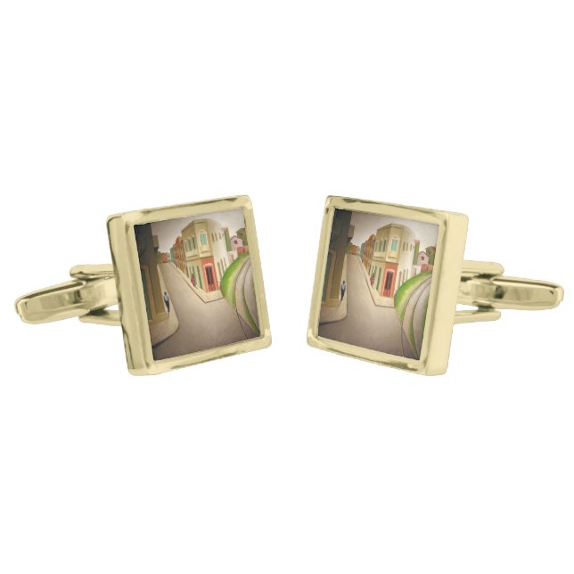 Art Deco Street Scene Cufflinks (Angled)