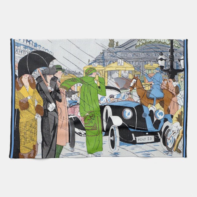 Art Deco Street Scene Kitchen Towel (Horizontal)