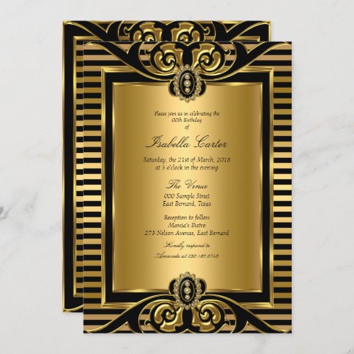 Art Deco Stripe Gold Black Birthday Party 2 Invitation