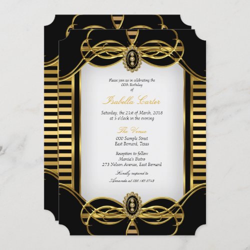 Art Deco Stripe Golden Black White Birthday Party Invitation