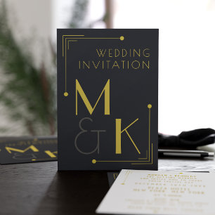 Art Deco Style 1920 Black Gold Wedding Invitations