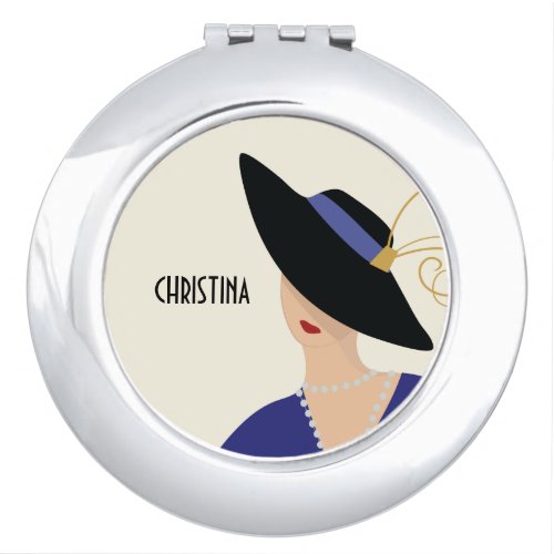 Art Deco Style 1930s Woman in Black Hat Compact Mirror