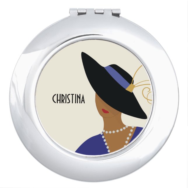 Art Deco Style 1930s Woman in Black Hat Compact Mirror (Front)
