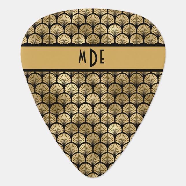 Art Deco Style Black and Gold Fans - Monogrammed Guitar Pick (Front)