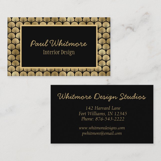 Art Deco Style Black Gold Shell Pattern Business Card (Front/Back)