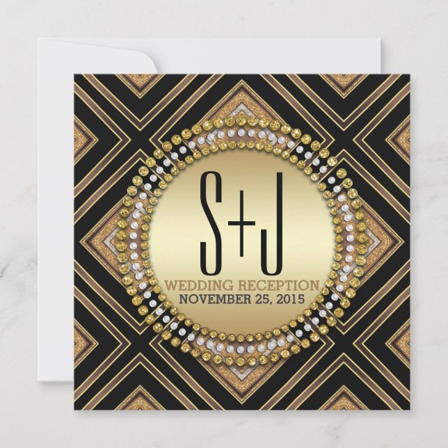 Art Deco Style Black Gold Wedding Reception Invite (Front)