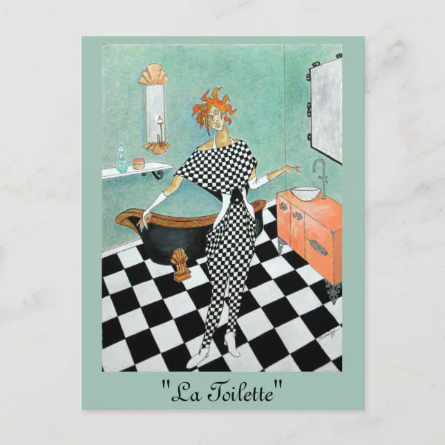 Art Deco-Style Card--Orig. Art/Woman in Bathroom Postcard (Front)
