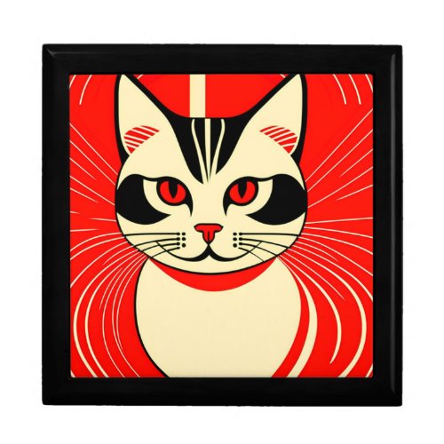 Art Deco Style Cat in Red Wooden Jewelry Box