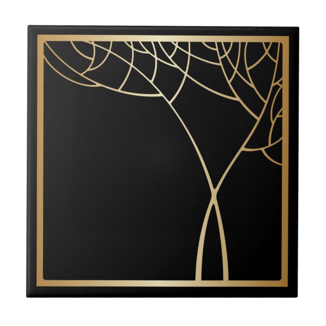 Art deco style faux gold tree with frame on black tile (Front)