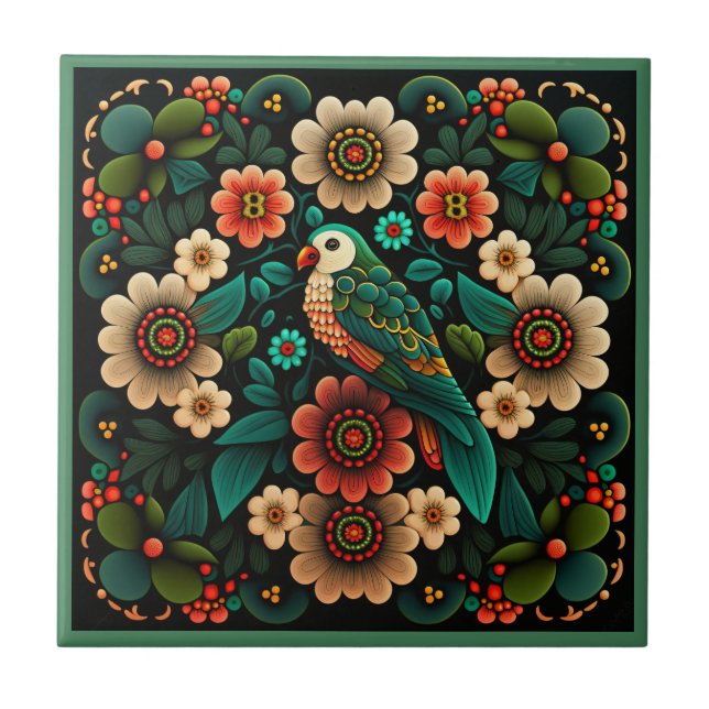 Art deco style flower pattern bird ceramic tile (Front)