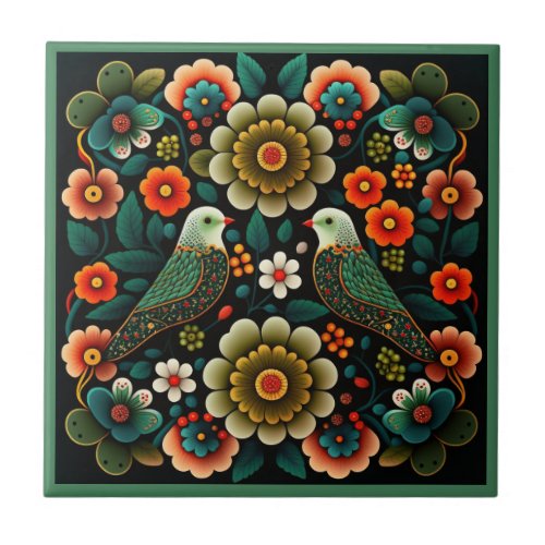 Art deco style flower pattern bird ceramic tile