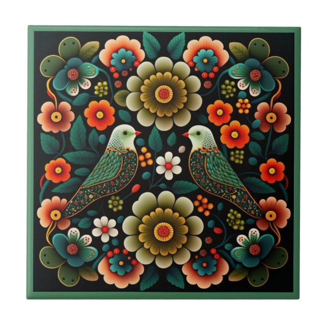 Art deco style flower pattern bird ceramic tile (Front)