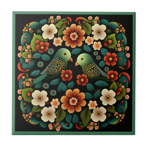 Art deco style flower pattern bird ceramic tile