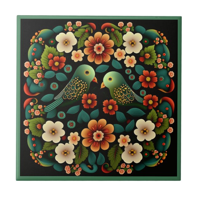 Art deco style flower pattern bird ceramic tile (Front)