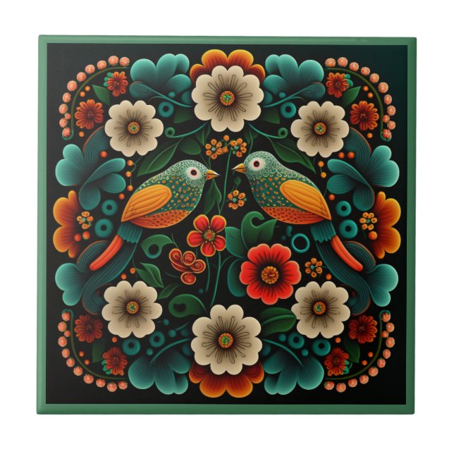 Art deco style flower pattern bird ceramic tile (Front)
