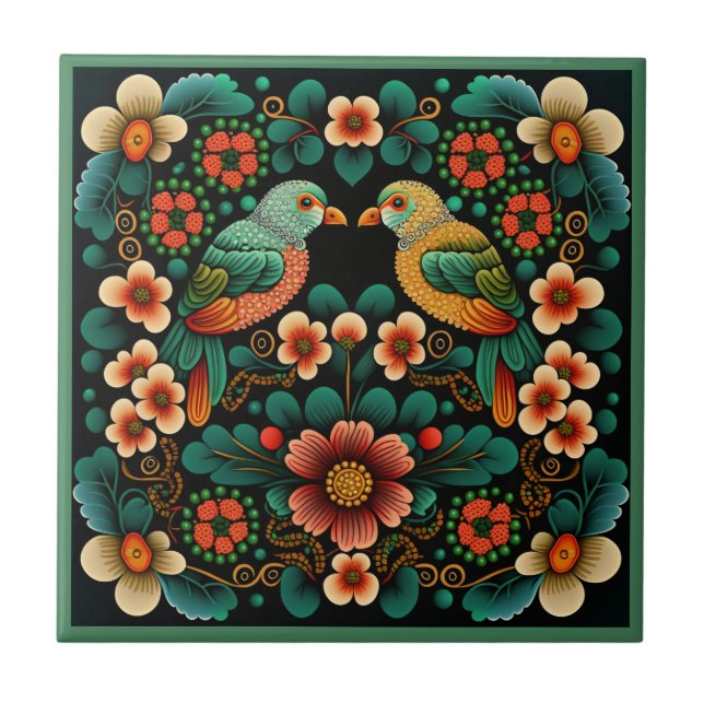 Art deco style flower pattern bird ceramic tile (Front)