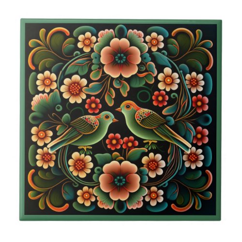 Art deco style flower pattern bird ceramic tile