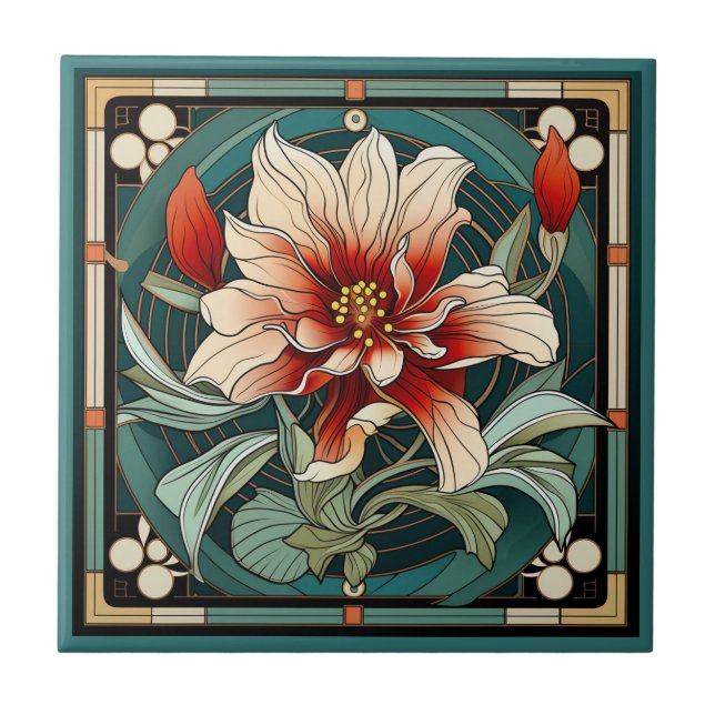 Art deco style flower pattern ceramic tile (Front)