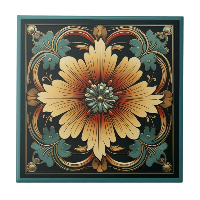 Art deco style flower pattern ceramic tile (Front)