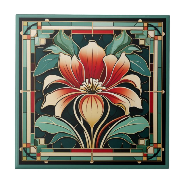 Art deco style flower pattern ceramic tile (Front)