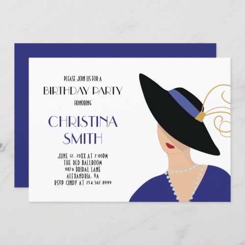 Art Deco Style Girl in Black Hat Birthday Party Invitation