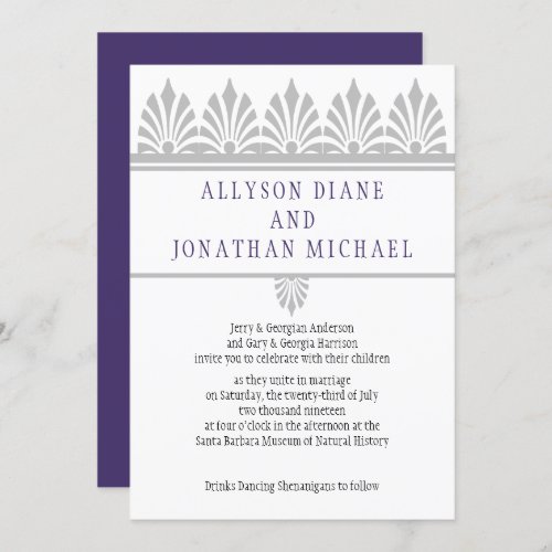 Art Deco Style Light Gray and Purple Wedding  Invitation