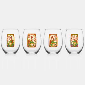 Art Deco Style Mahjong Winds & Dragons Stemless Wine Glass