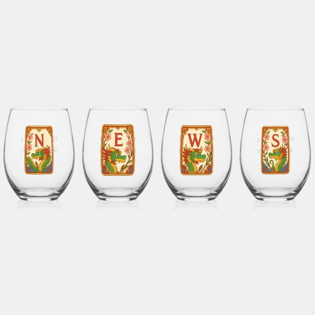 Art Deco Style Mahjong Winds & Dragons Stemless Wine Glass (Front)
