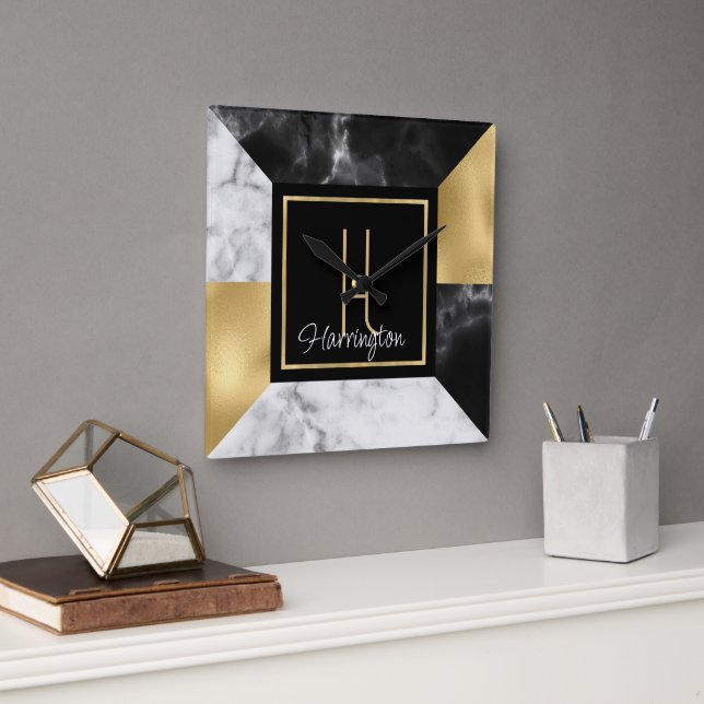 Art Deco Style Marble and Gold Monogrammed  Square Wall Clock (Office)