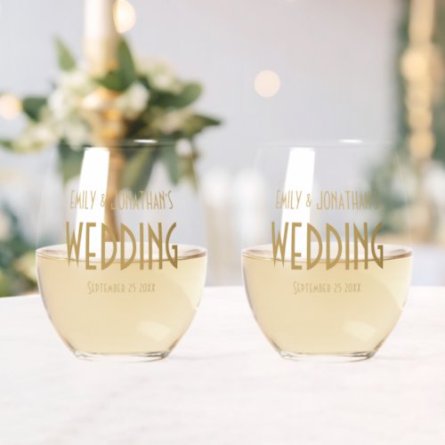 Art Deco Style Names Date Wedding Stemless Wine Glass