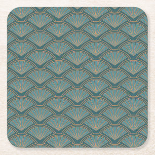 Art Deco style pattern in teal blue color Square Paper Coaster