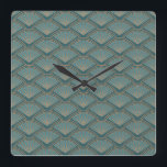 Art Deco style pattern in teal blue color Square Wall Clock<br><div class="desc">Abstract geometric wavy pattern in Art Deco style on with teal blue and copper colored waves and fan decoration on dark teal blue color background.</div>