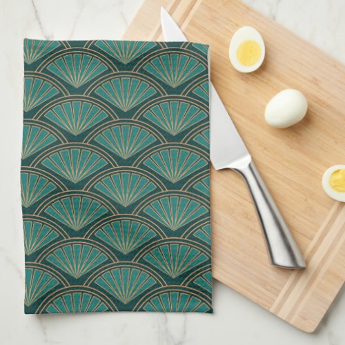 Art Deco style pattern in teal green color Kitchen Towel