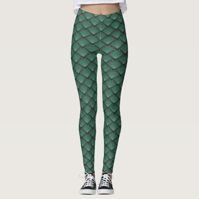 Art Deco style pattern in teal green color  Leggings (Front)