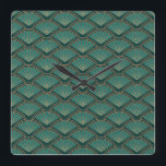 Art Deco style pattern in teal green color  Square Wall Clock<br><div class="desc">Abstract geometric wavy pattern in Art Deco style on with teal green and copper colored waves and fan decoration on dark teal green color background</div>