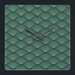 Art Deco style pattern in teal green color  Square Wall Clock<br><div class="desc">Abstract geometric wavy pattern in Art Deco style on with teal green and copper colored waves and fan decoration on dark teal green color background</div>