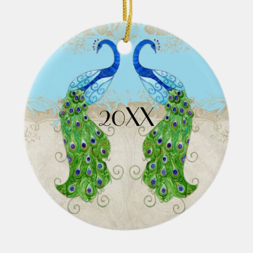 Art Deco Style Peacock Aqua Blue Vintage Lace Ceramic Ornament