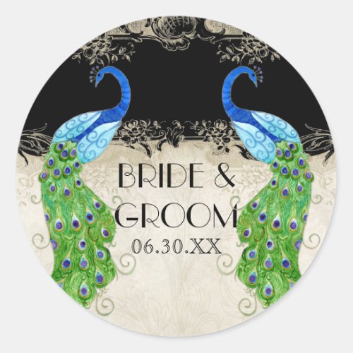 Art Deco Style Peacock Black Favor Gift Tags Seal