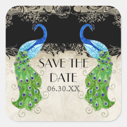 Art Deco Style Peacock Black Save the Date Seal